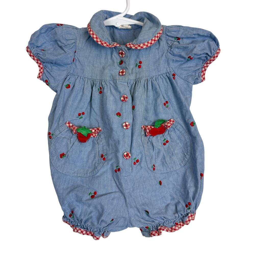 Vintage Romper Cherries Strawberries Blue Button Front Gingham - 6-9 Months